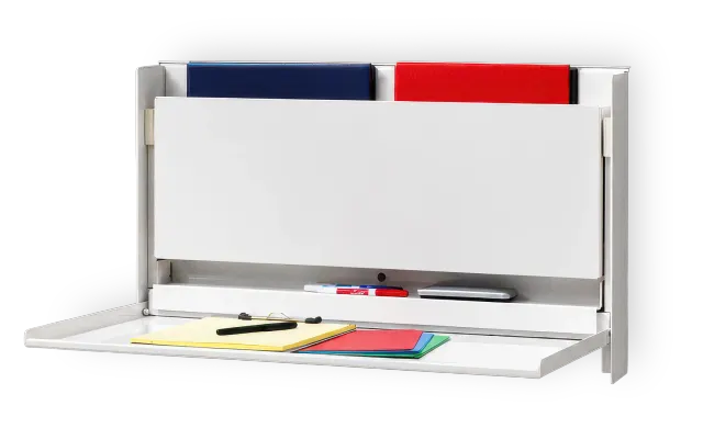 A wall-mounted Charting Station open, two binders standing behind the writing surface and a clipboard and folders laid on it