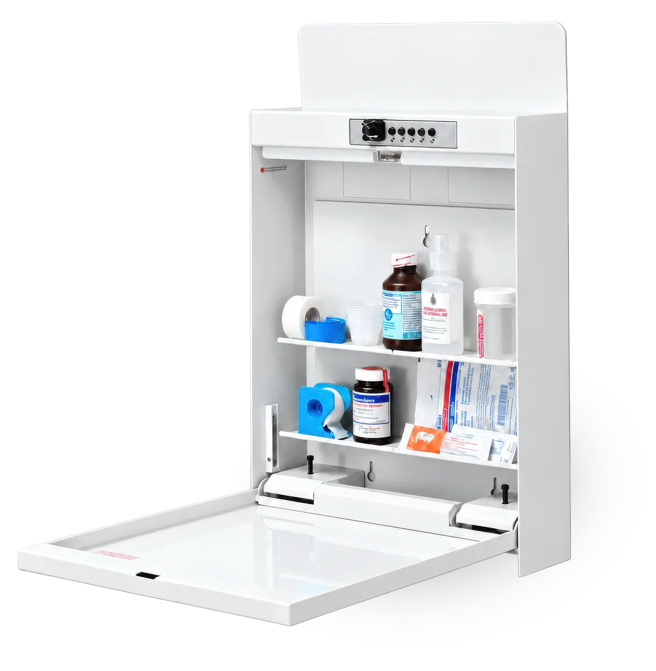 A wall-mounted Custom Medication Storage cabinet with a keypad lock, open: medications on two shelves above the fold-down worksurface