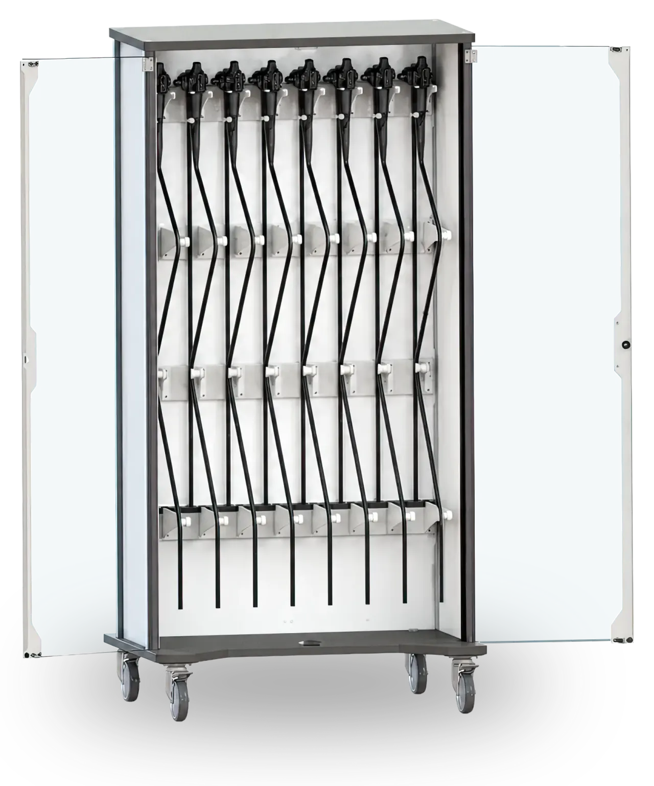 The Raspberry Med Endoscope Storage cart, both acrylic doors open, eight scopes hanging on soft-grip holders
