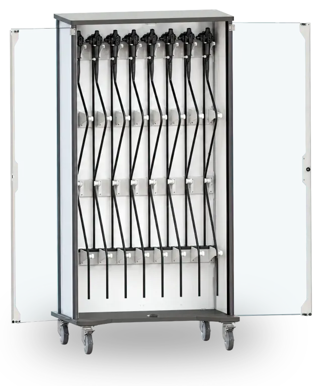 The Raspberry Med Endoscope Storage cart, both acrylic doors open, eight scopes hanging on soft-grip holders