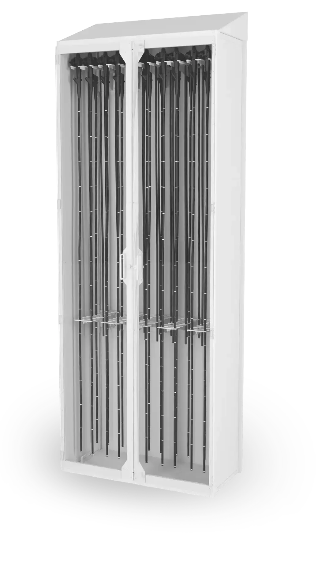 A double-row Endoscope wall cabinet, doors open, twenty scopes hanging in two rows