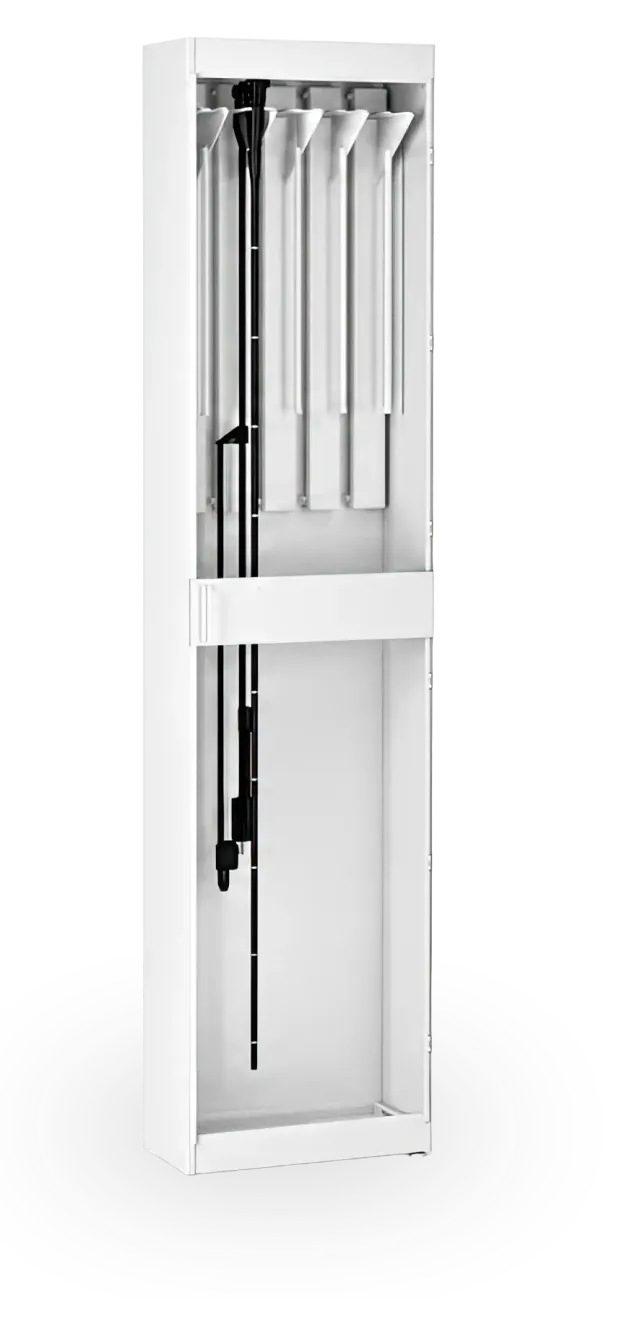 The Raspberry Med Enteroscope Storage cabinet, open, an enteroscope hanging at full length from its holder