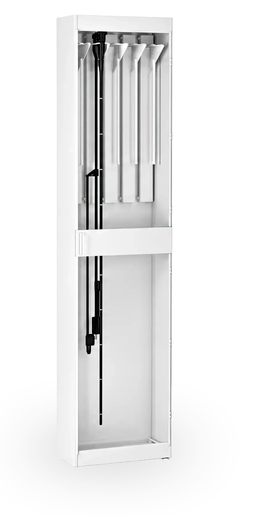 The Raspberry Med Enteroscope Storage cabinet, open, an enteroscope hanging at full length from its holder