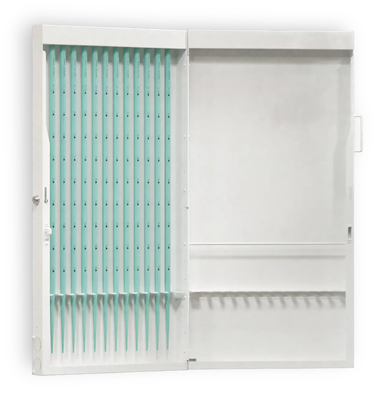 The Esophageal Dilator Wall Cabinet with its door open, twelve dilators hung vertically on soft-grip holders