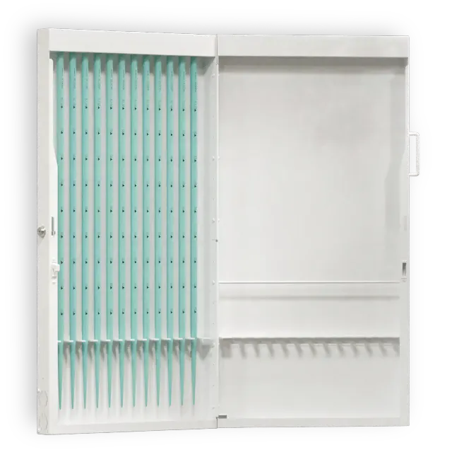 The Esophageal Dilator Wall Cabinet with its door open, twelve dilators hung vertically on soft-grip holders