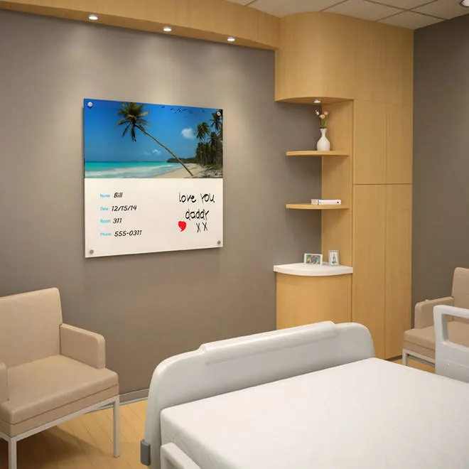 A printed glassboard on the wall of a patient room