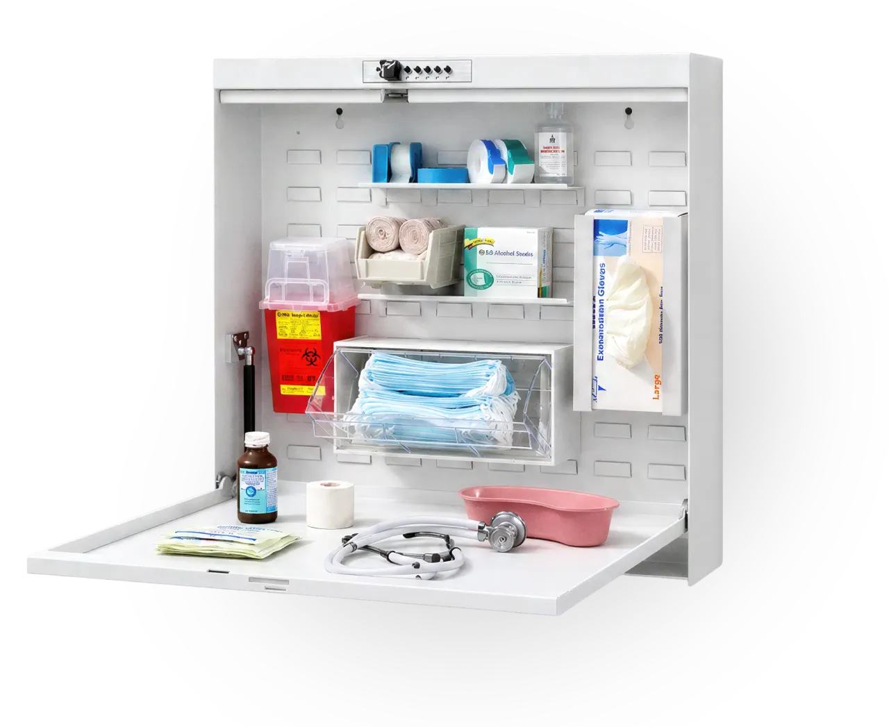 A Raspberry Med wall-mounted supply cabinet, open, stocked over a fold-down worksurface