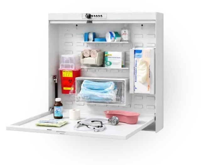 A Raspberry Med wall-mounted supply cabinet, open, stocked over a fold-down worksurface