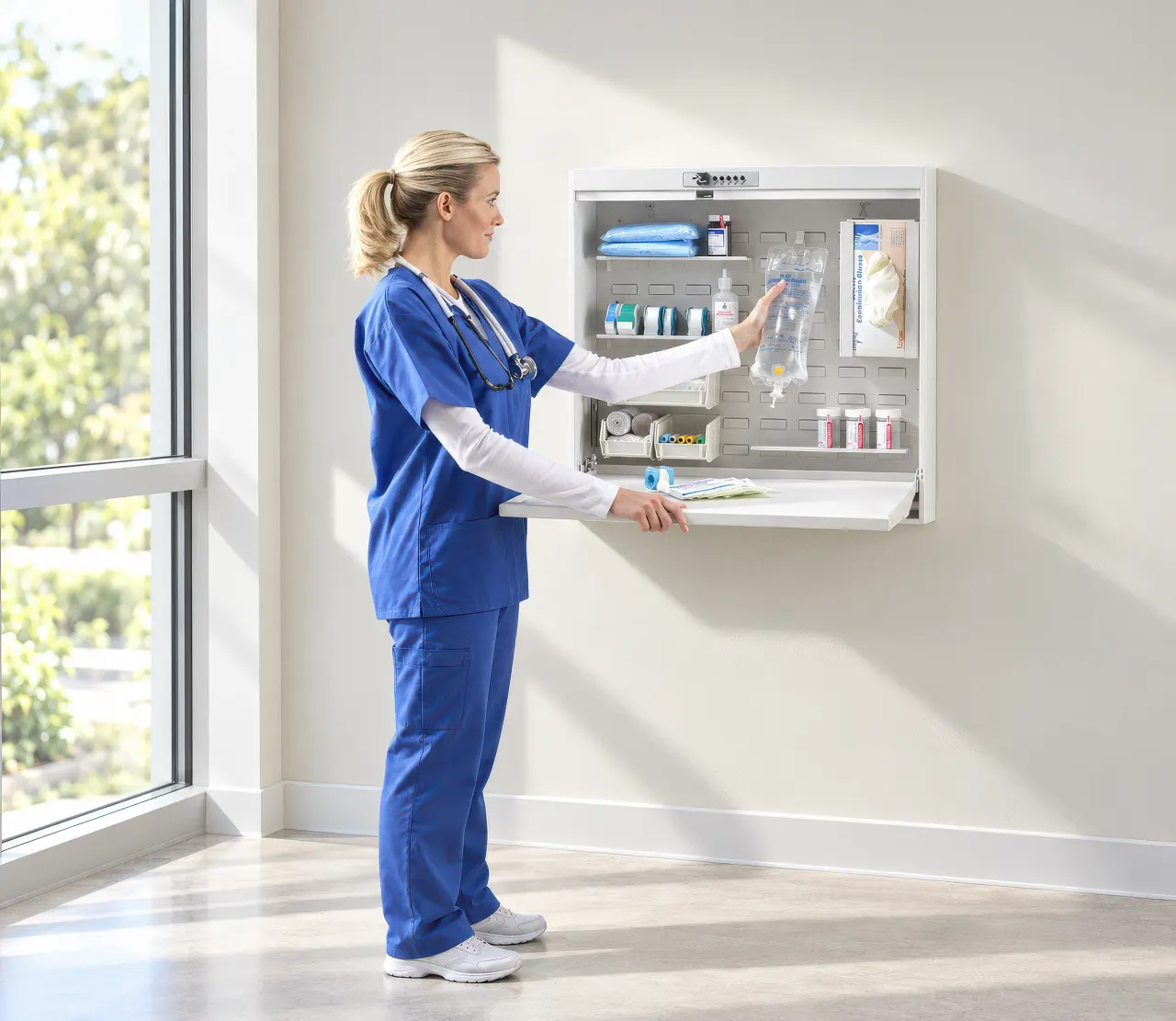 A nurse taking supplies from a wall-mounted Raspberry Med supply cabinet with its worksurface folded down