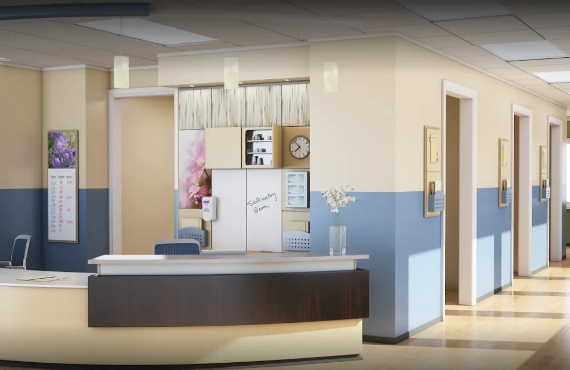 A modular wall system in a hospital reception area