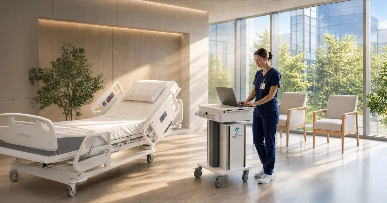 A nurse charting on a Point of Care cart beside a patient bed in a daylit room