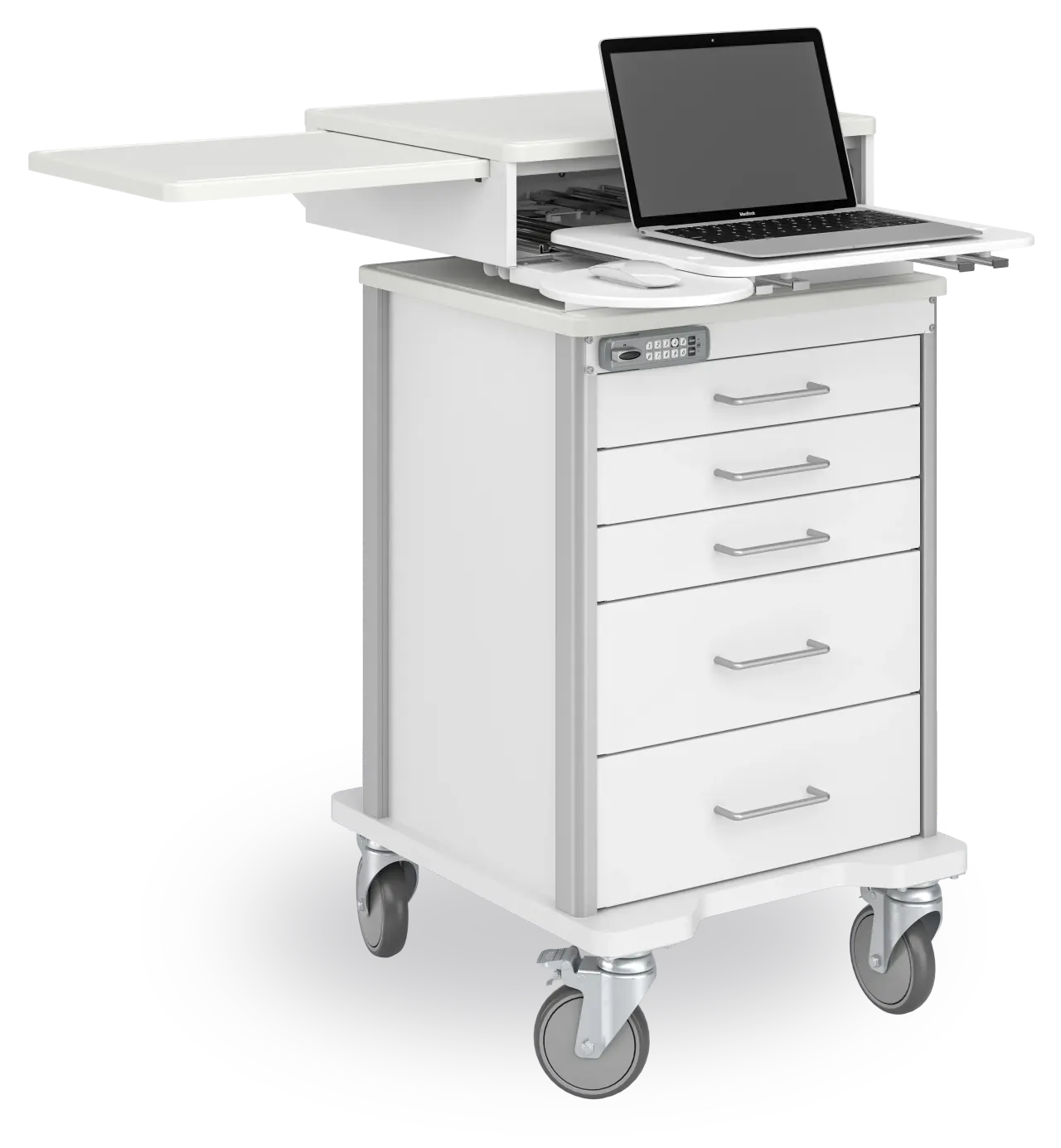 The Raspberry Med Point of Care cart, both worksurfaces extended with a laptop