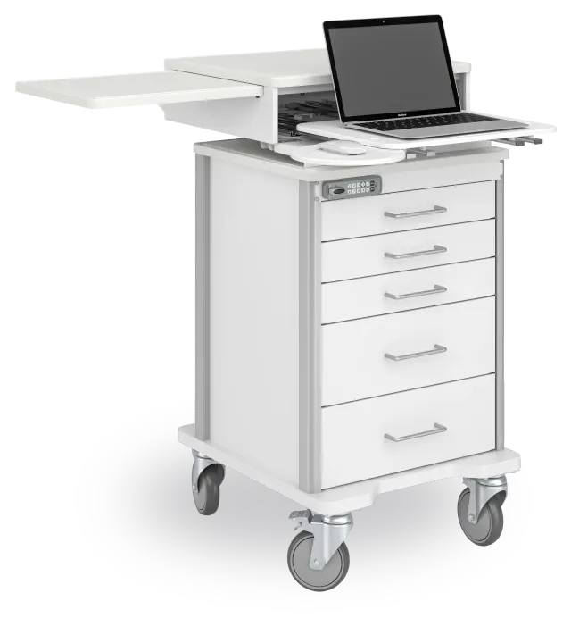 The Raspberry Med Point of Care cart, both worksurfaces extended with a laptop