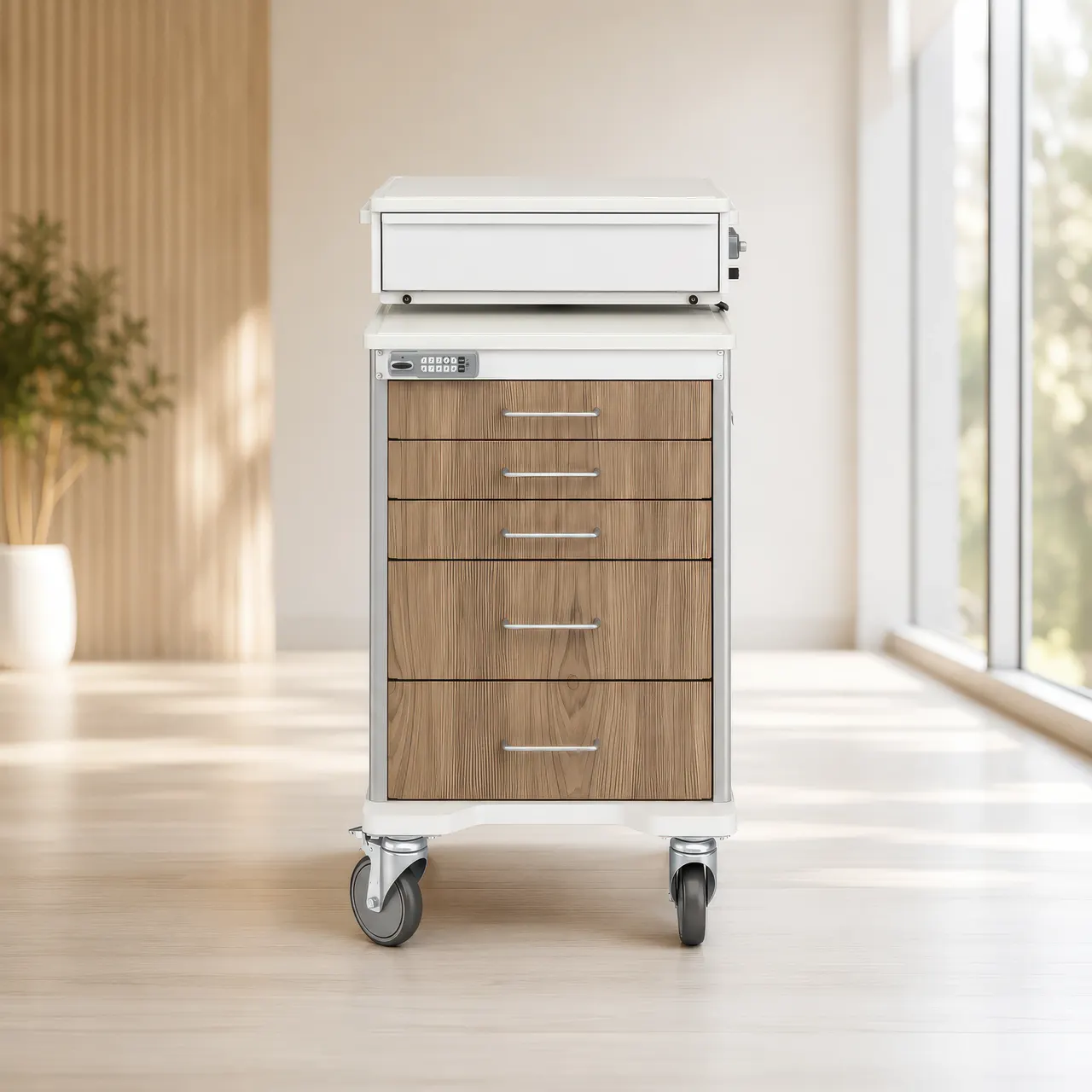 A Point of Care cart with walnut drawer fronts, standing in a daylit room